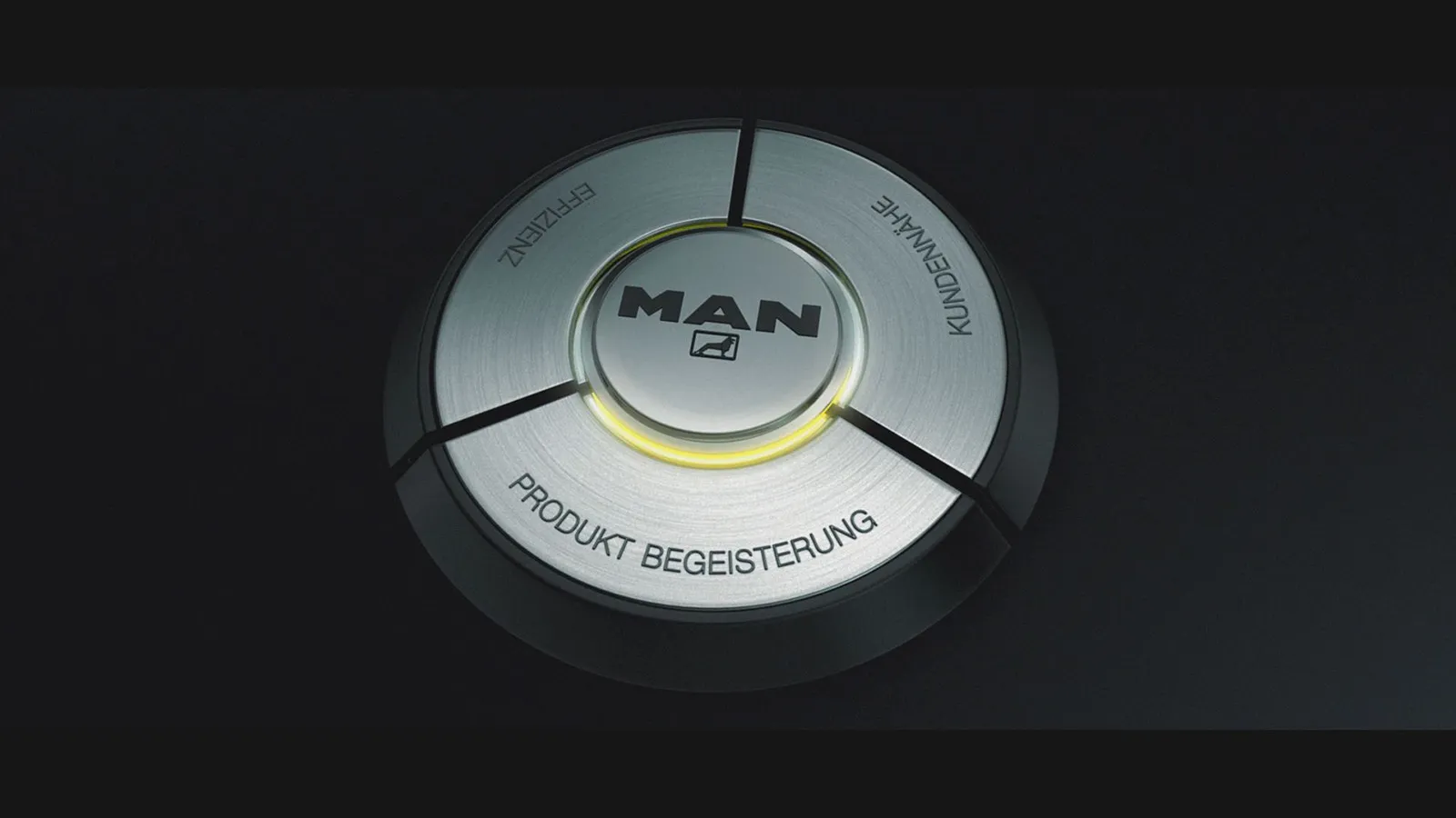 Drehknopf mit MAN-Logo und den Markenwerten, markiert ist Produktbegeisterung