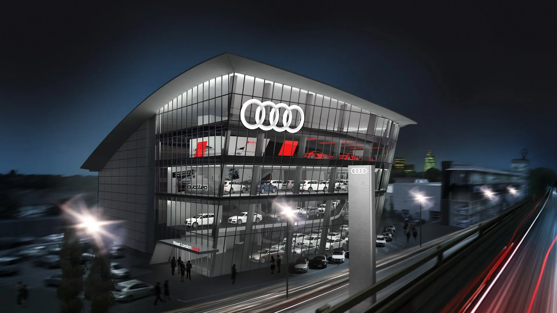 Dasselbe Autohaus mit geschwungenem Dach und verglaster Fassade bei Nacht, beleuchtetes Audi-Logo und Schauraum mit Fahrzeugen, Lichtschweife vorbeifahrender Autos auf der Straße im Vordergrund