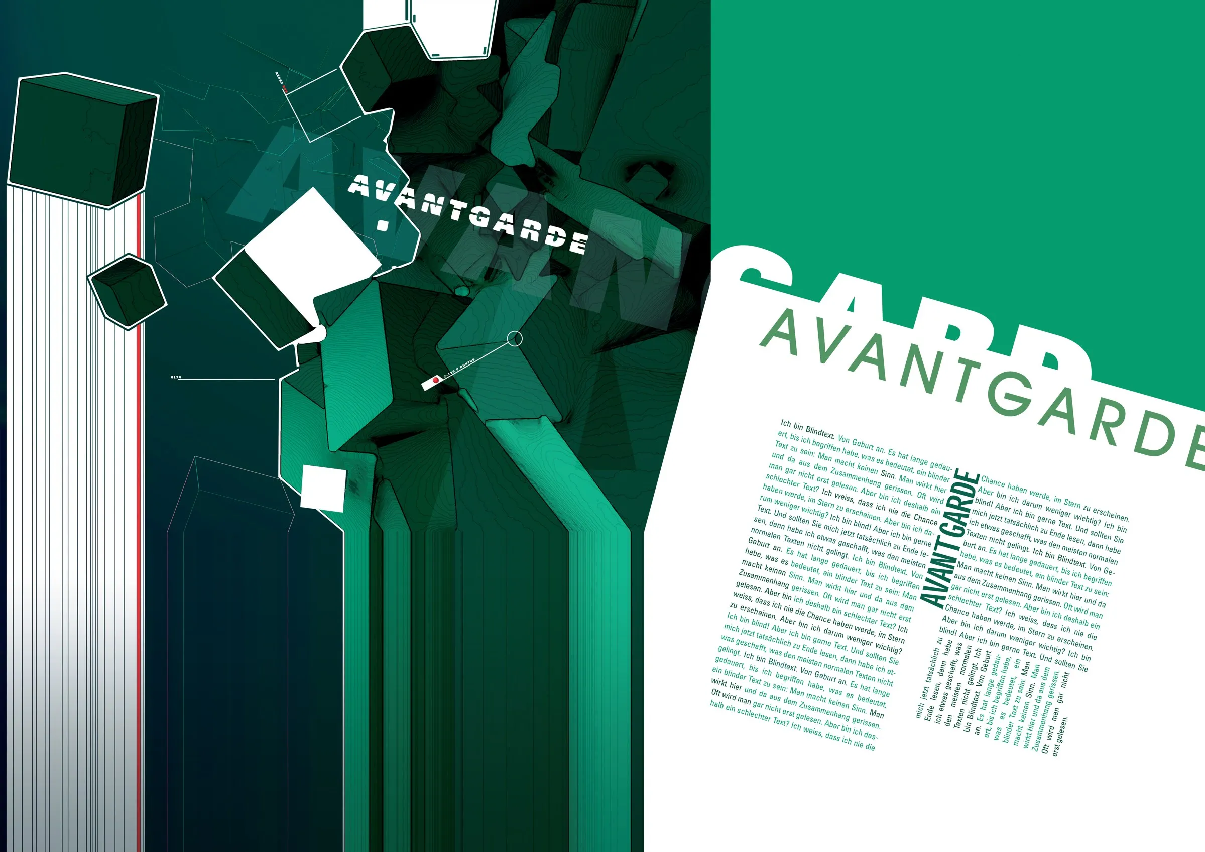 Grüne Doppelseite mit dem Titel AVANTGARDE, links eine Collage aus dunkelgrünen Blöcken und Linien, rechts schräg gesetzter Blindtext in Spalten