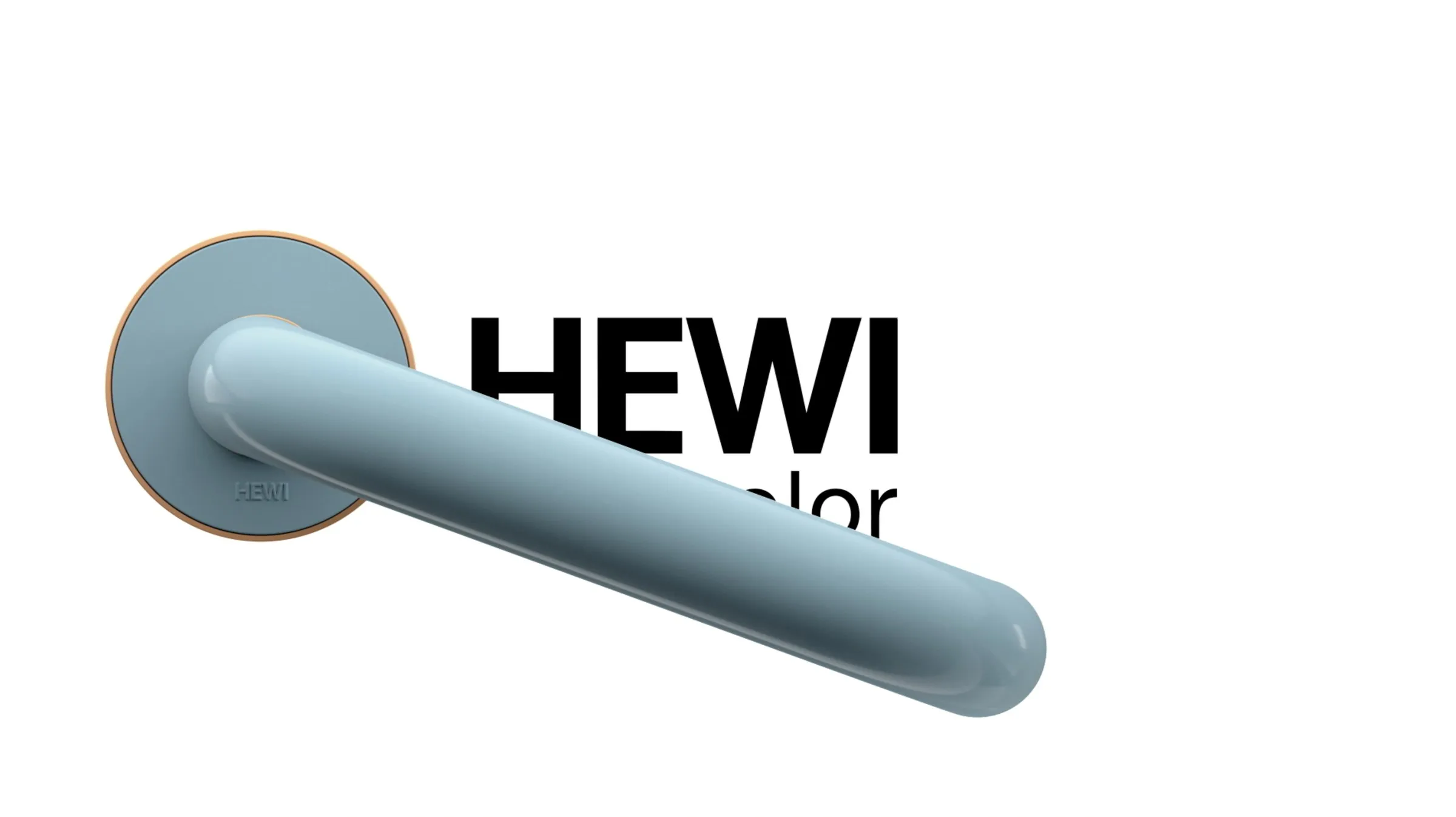 Renderbild des hellblauen Türgriffs mit HEWI-Rosette, Schriftzug HEWI im Hintergrund