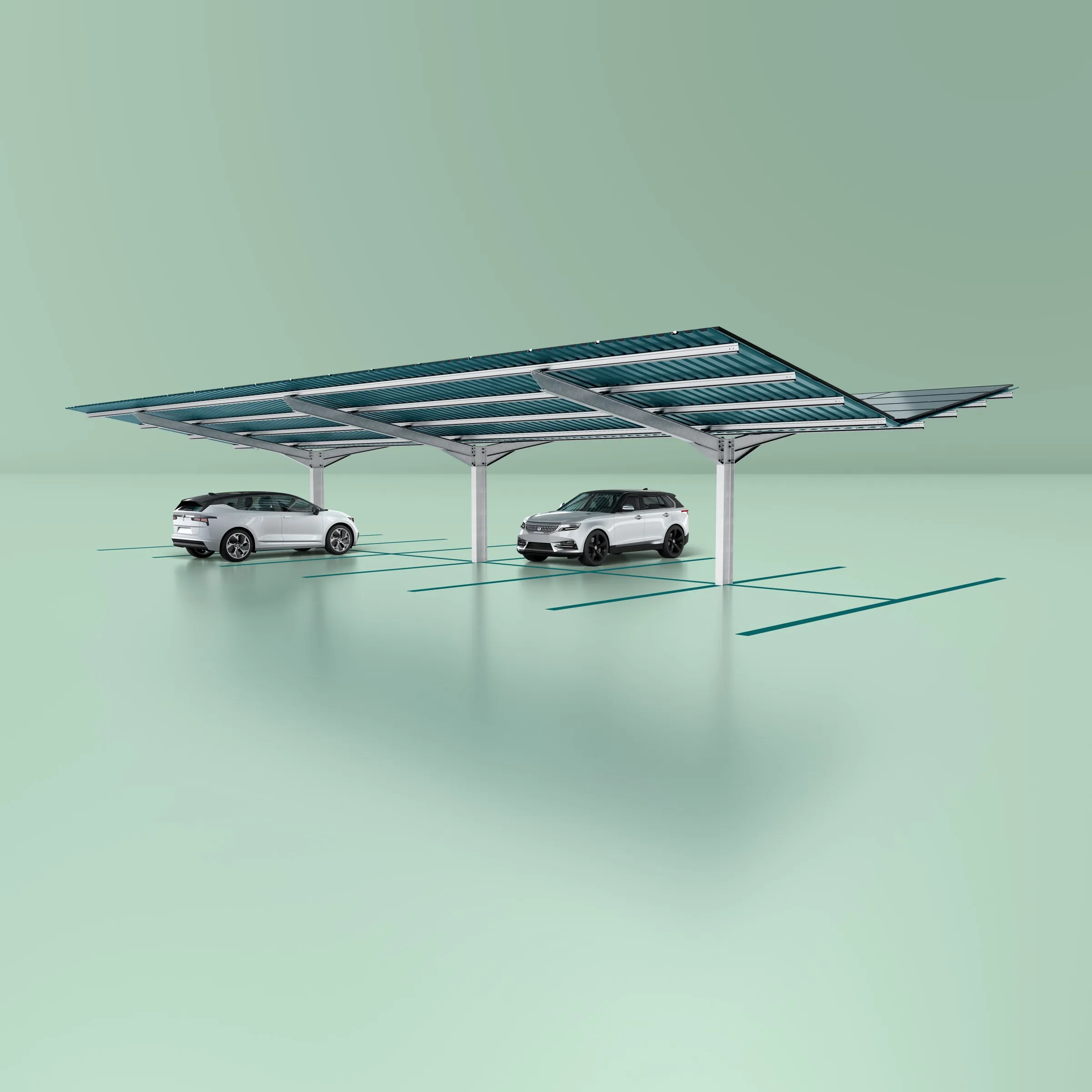 Solar-Carport mit zwei Fahrzeugen darunter, Dachfläche aus Modulen, mintgrüner Studiogrund