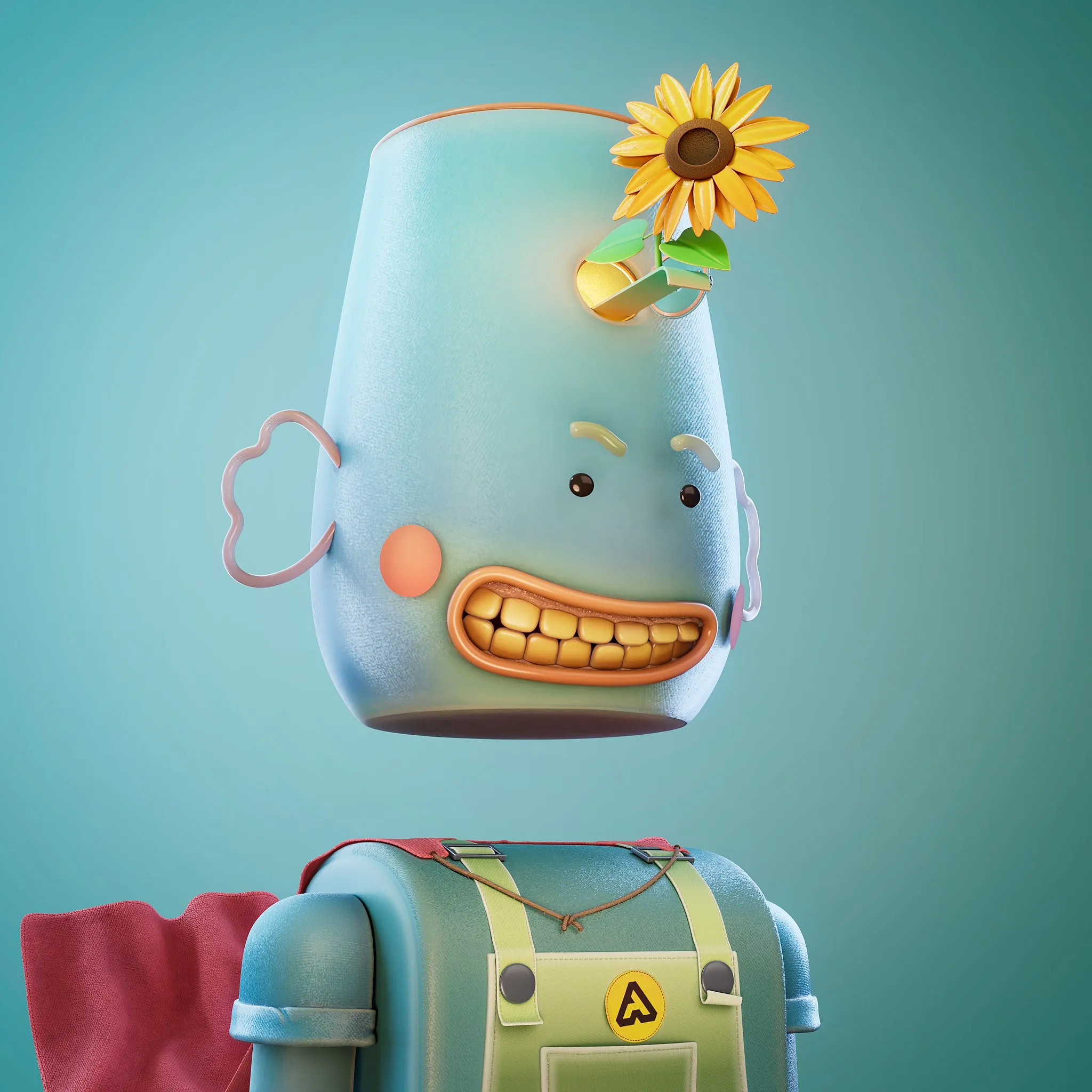 Figur mit hellblauem, becherförmigem Kopf, goldenem Grinsen und einer Sonnenblume am Kopf, in einer Latzhose