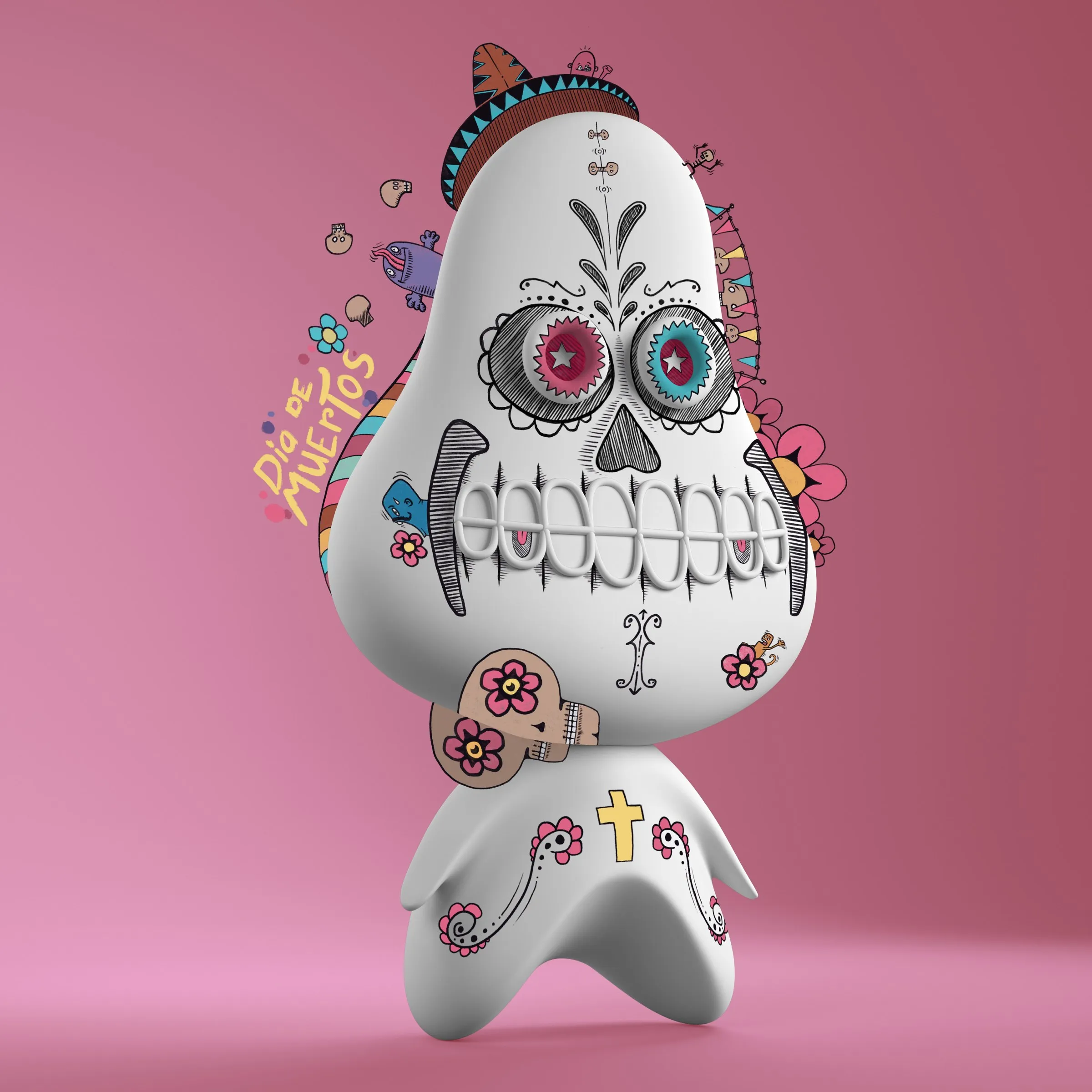 Weiße Figur im Stil einer Calavera mit Blumen und Sombrero, daneben der Schriftzug Día de Muertos, vor Rosa