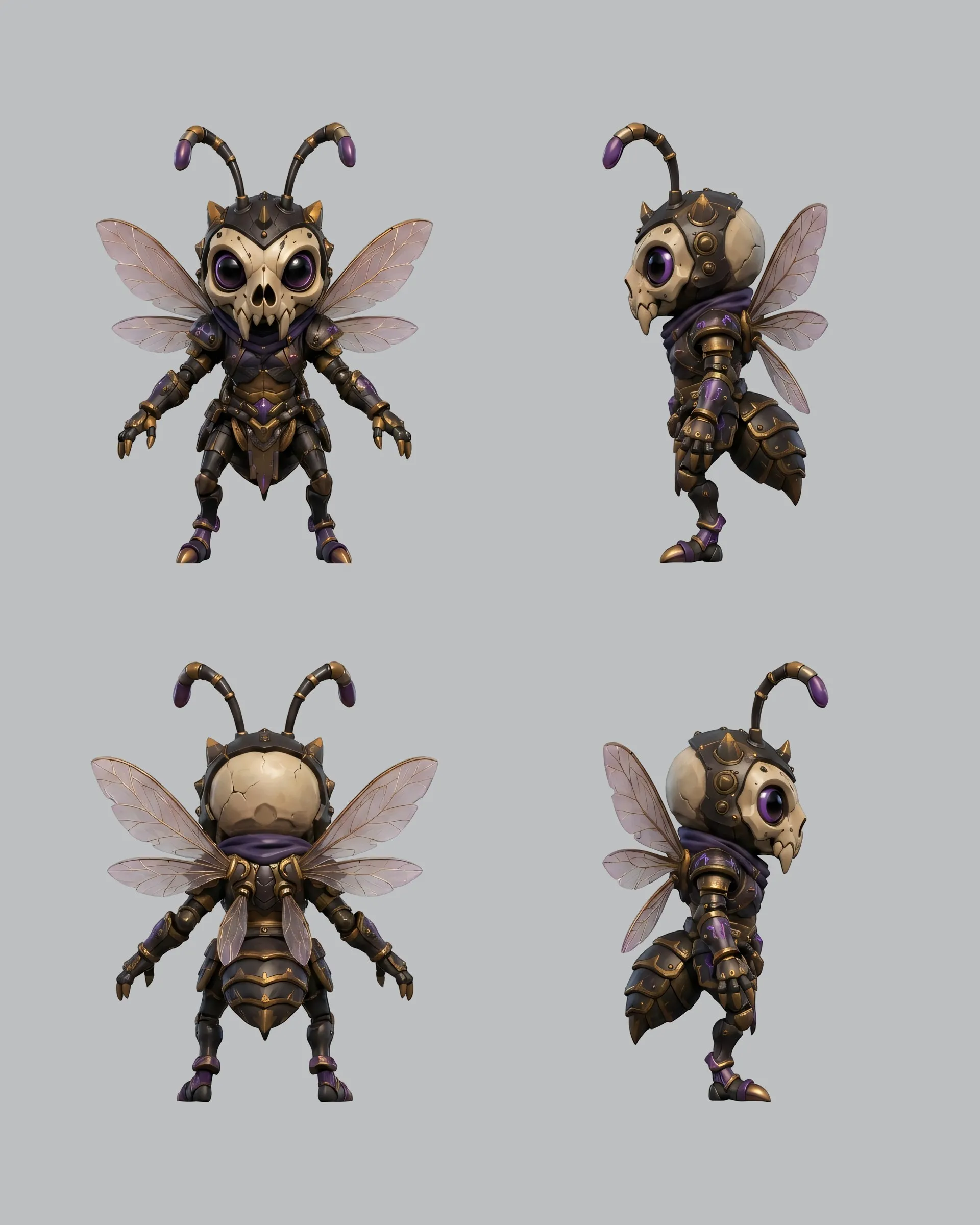 Character-Sheet: dasselbe geflügelte Insektenwesen mit Totenkopf-Gesicht in dunkler, goldverzierter Rüstung, in vier Ansichten - von vorn, von hinten und zweimal von der Seite - auf Grau