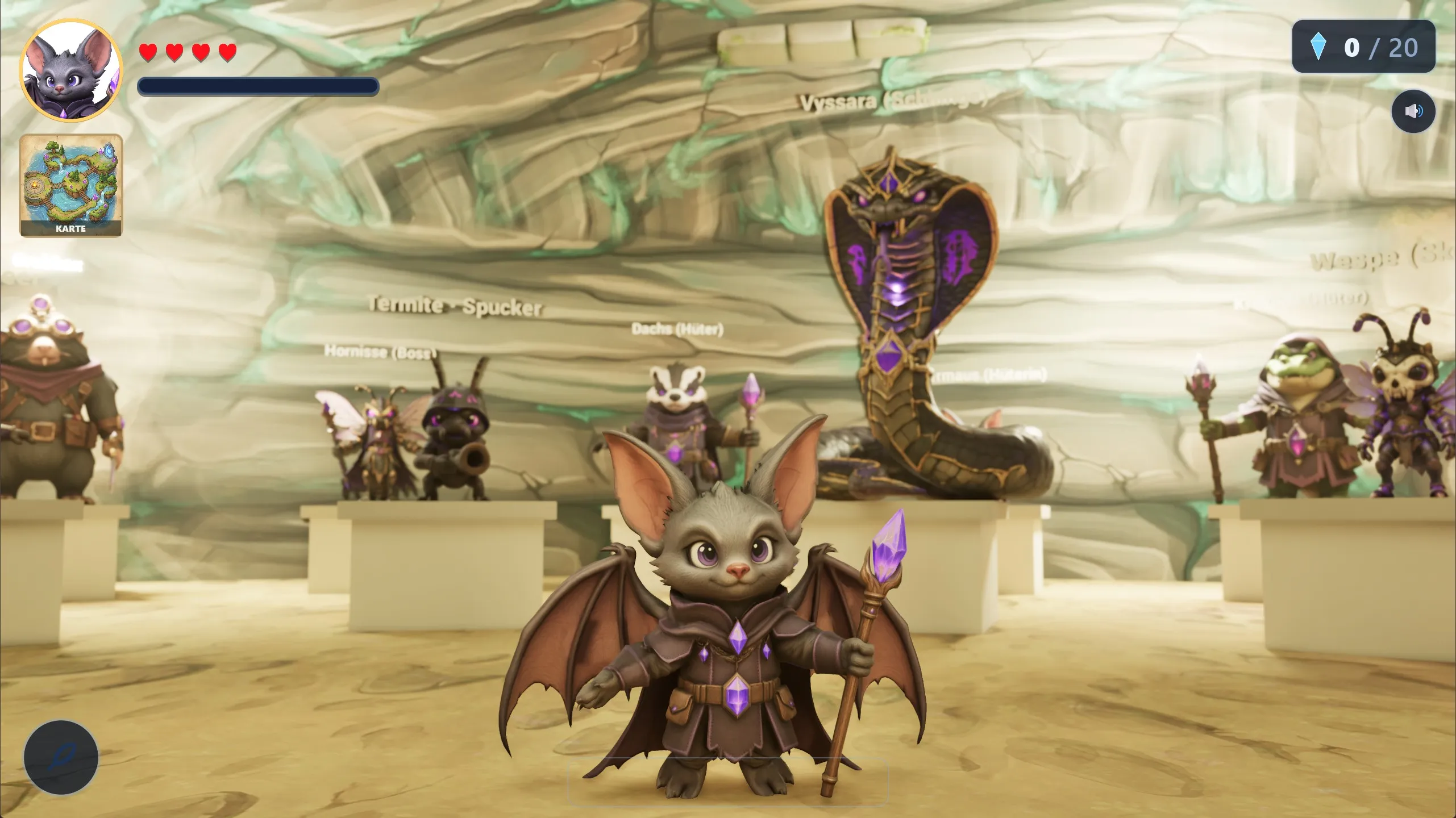 Unreal-Prototyp: Eine Fledermaus mit Kristallstab und Kapuzenmantel vor einer Reihe von Sockeln mit Gegenspielern, darunter Kobra, Dachs, Hornisse, Frosch und Wespenwesen