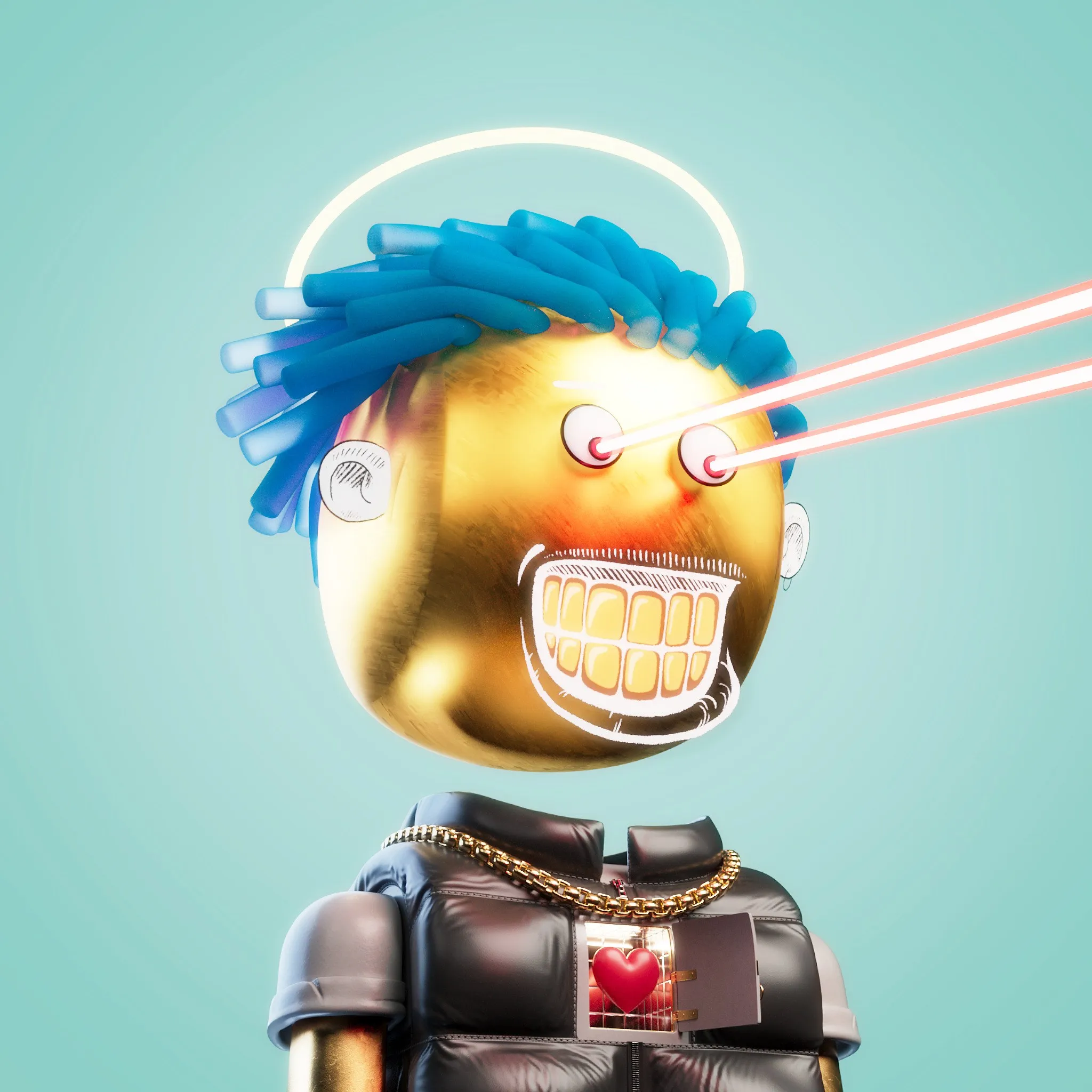 Goldener Kopf mit blauen Haaren, Heiligenschein, Laserstrahlen aus den Augen und goldenem Gebiss, vor Türkis