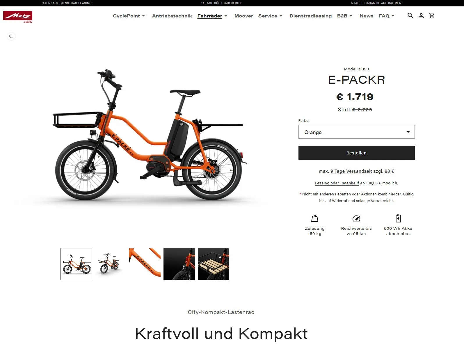 Bildschirmfoto vom Online-Konfigurator: E-Bike E-PACKR in Orange mit Preis, Ausstattung und Farbwahl