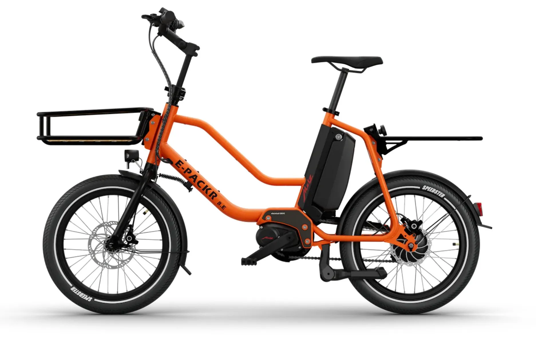 3D-Rendering des E-Bikes E-PACKR in Orange von der Seite mit Frontkorb und Gepäckträger