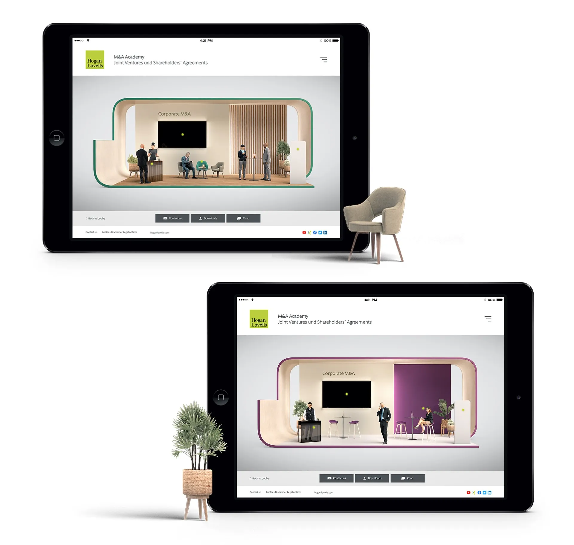 Zwei Tablet-Mockups zeigen Bildschirme einer virtuellen Eventplattform mit unterschiedlich farbig gerahmten Ausstellungsräumen in Grün und Violett, darin Personen-Avatare, Sitzmöbel und ein Bildschirm an der Wand