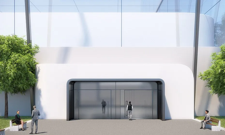3D-Rendering eines Gebäudeeingangs mit geschwungener weißer Fassade, verglasten Schiebetüren, zwei Bäumen und Personen auf Bänken davor
