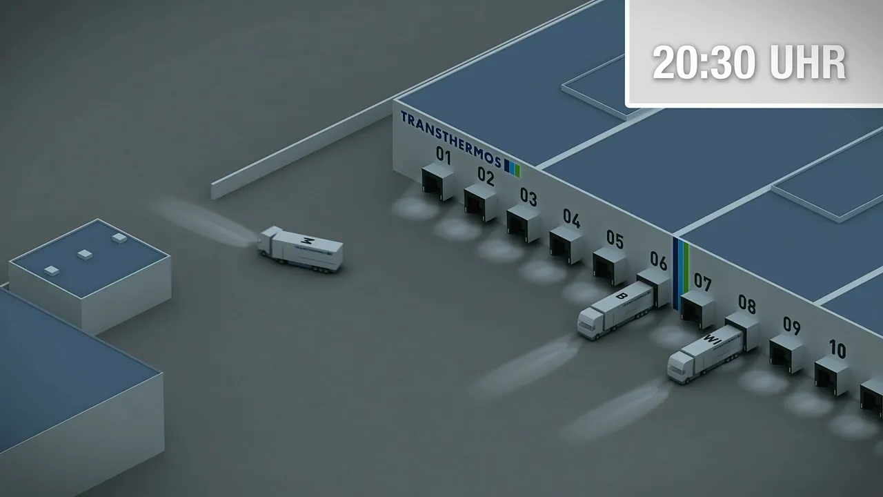 Isometrische Ansicht des Logistikzentrums am Abend, Lkw fahren an die Verladetore, Einblendung 20:30 Uhr