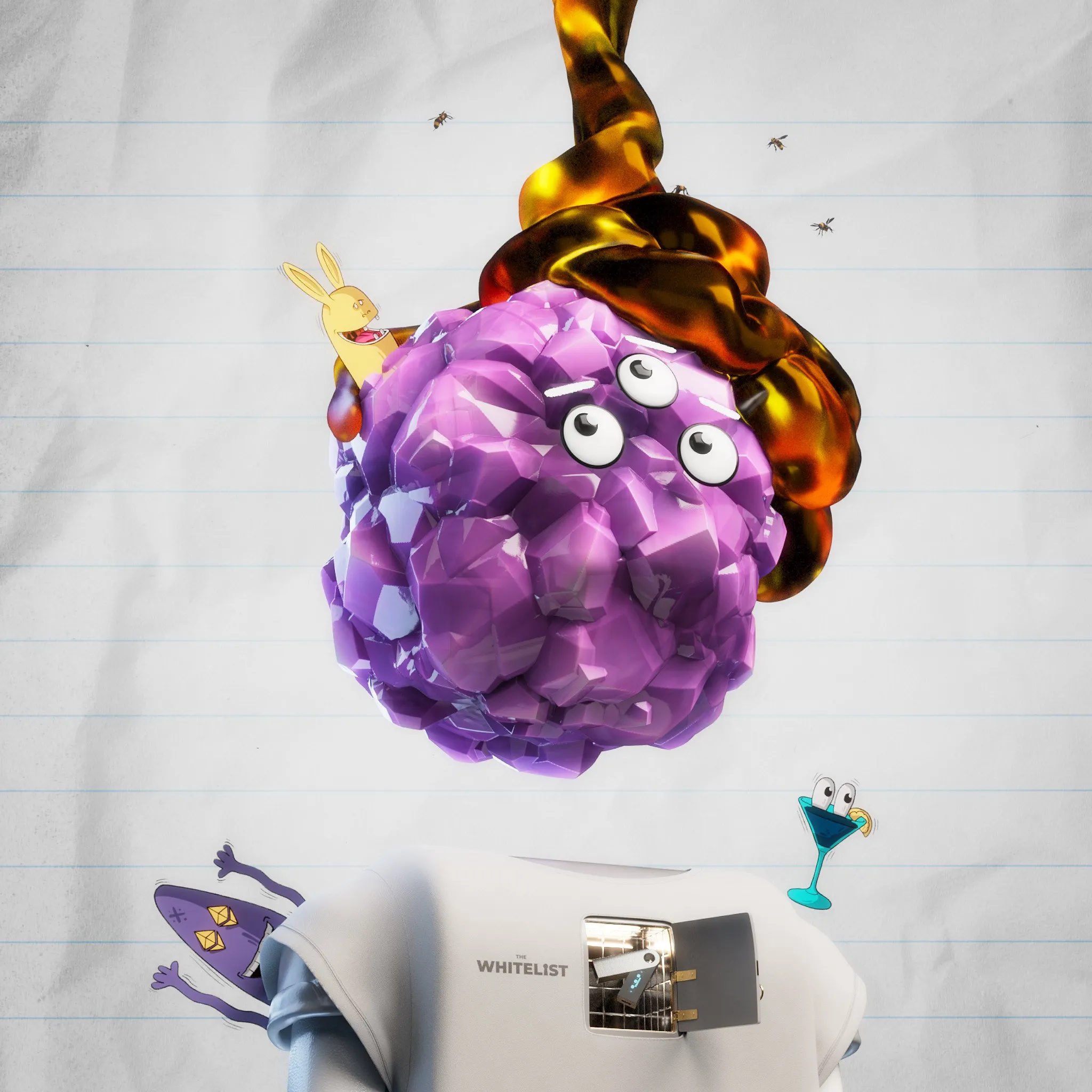 Figur mit violettem, kristallinem Kopf mit drei Glupschaugen und goldener Flüssigkeit obenauf, umgeben von Bienen und gezeichneten Figuren, im T-Shirt mit dem Schriftzug THE WHITELIST, auf der Brust ein kleiner offener Tresor mit zwei USB-Sticks