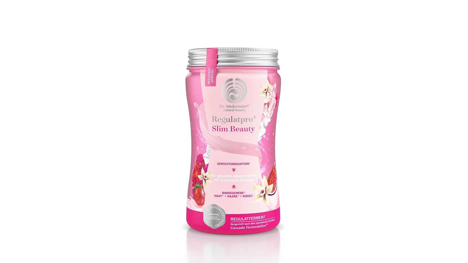 Rosafarbene Verpackungsdose mit Schraubdeckel, Aufschrift Regulatpro Slim Beauty, Blütenmotiv, Erdbeere und aufgedrucktem Maßband, freigestellt vor weißem Hintergrund