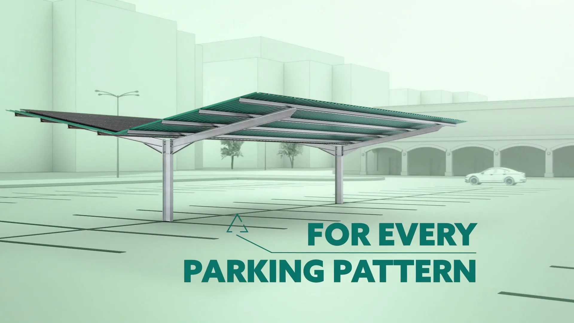 Solar-Carport auf einem hellen Parkplatz, Einblendung For every parking pattern