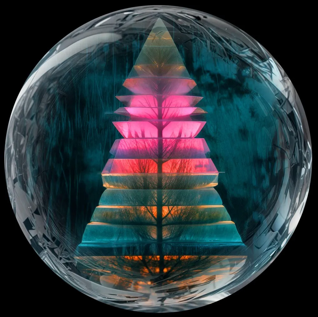 Glaskugel mit einer leuchtenden Pyramide aus gestapelten Scheiben in Türkis und Pink, Astwerk im Hintergrund