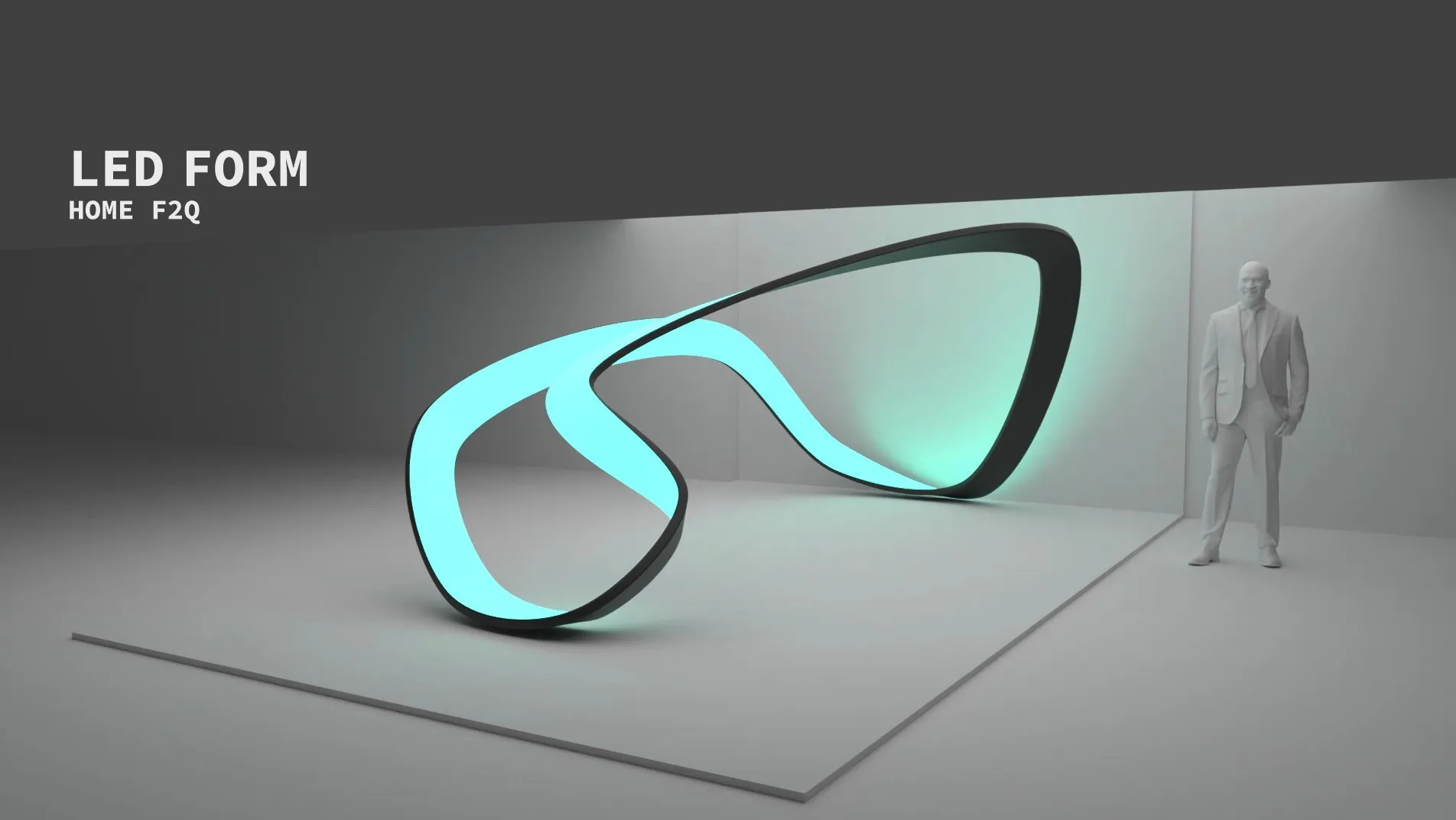 3D-Rendering einer geschwungenen LED-Skulptur in Türkis und Schwarz neben einer menschlichen Figur zum Größenvergleich