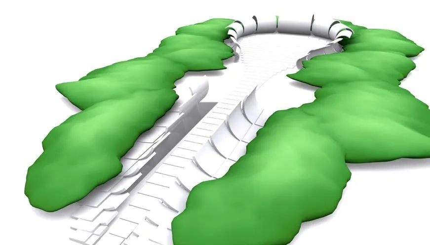3D-Skizze eines runden Wegs, umgeben von grünen Hügelformen