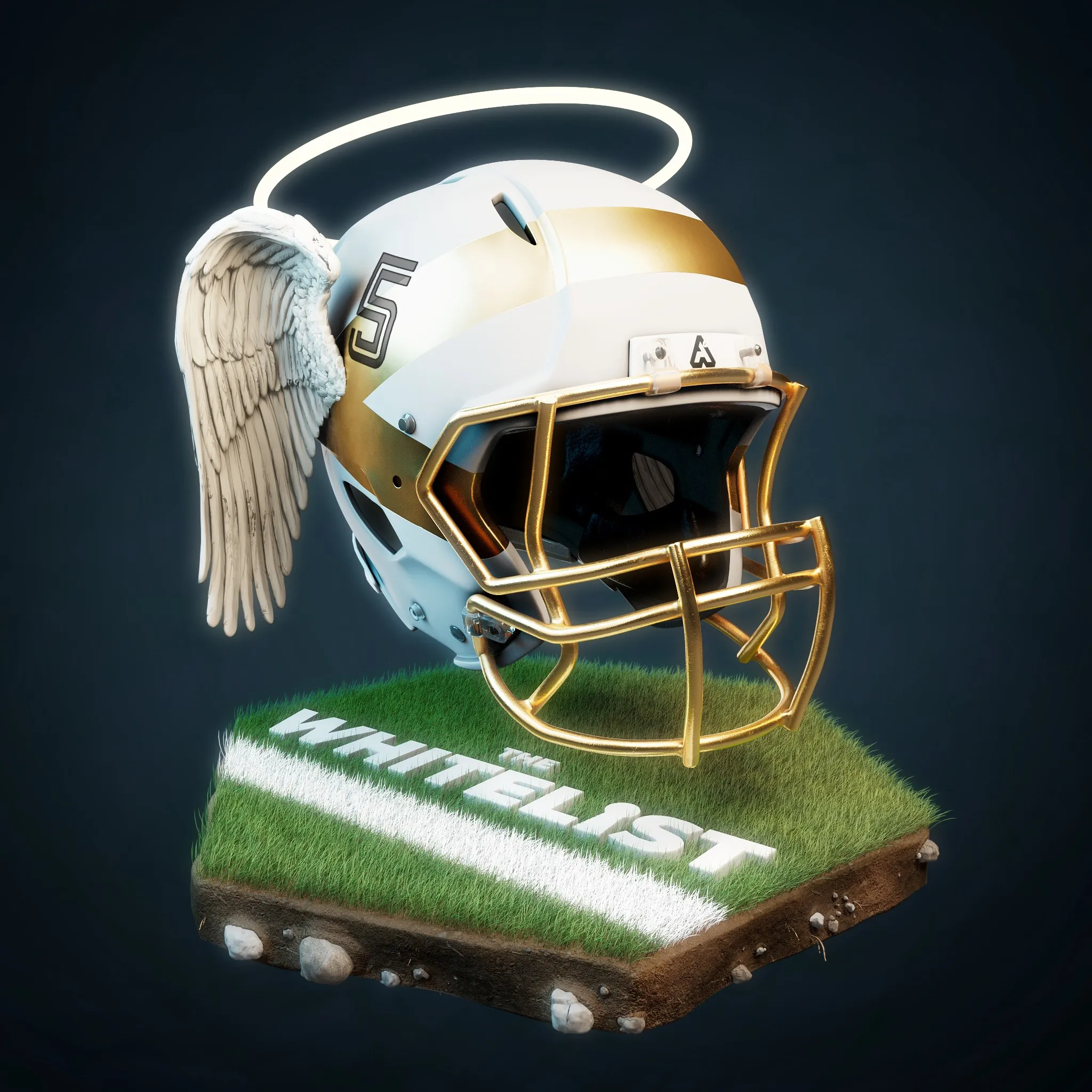 Weiß-goldener Football-Helm mit Engelsflügel und Heiligenschein auf einem Rasenstück mit dem Schriftzug Whitelist