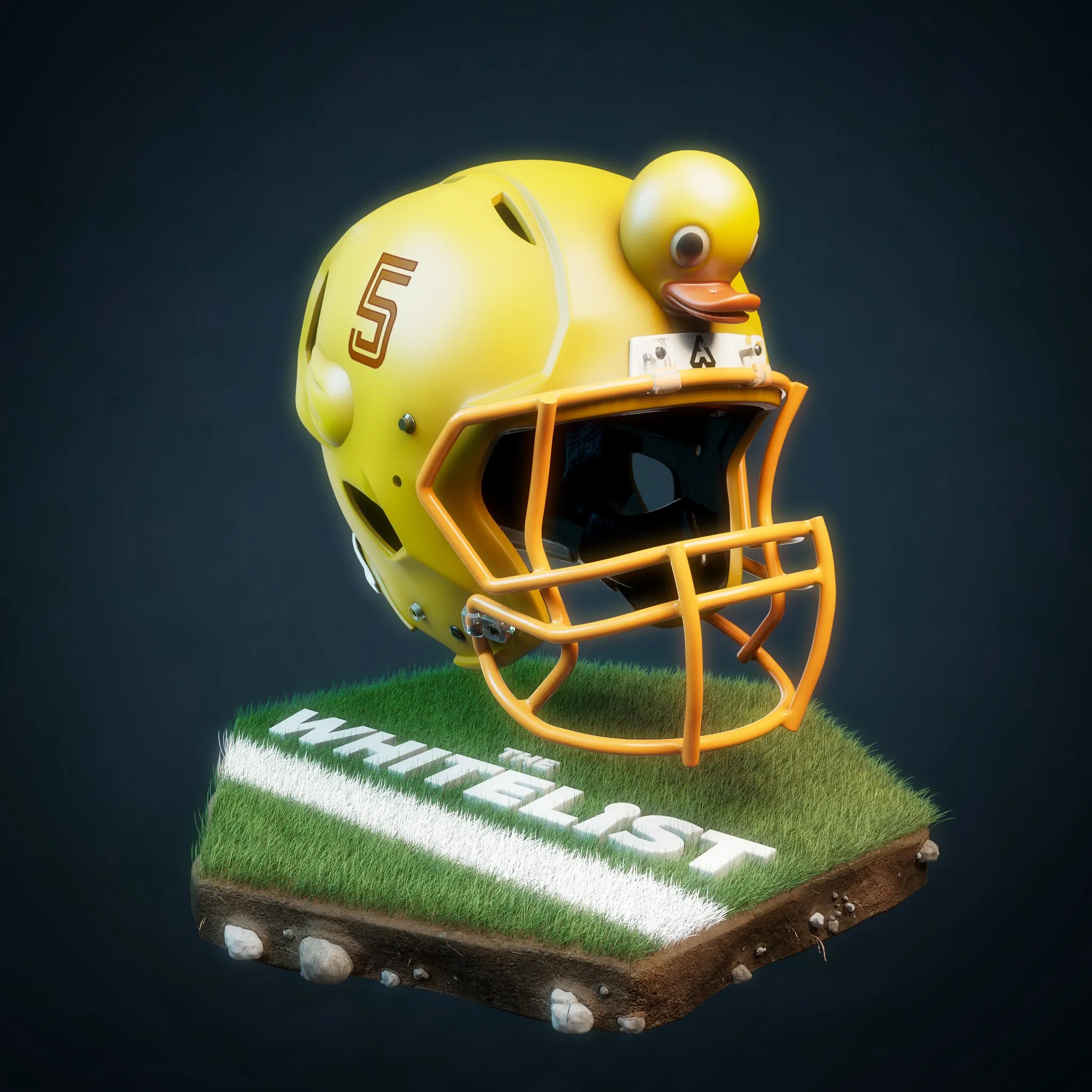 Gelber Football-Helm mit einer Gummiente obenauf, auf einem Rasenstück mit dem Schriftzug Whitelist