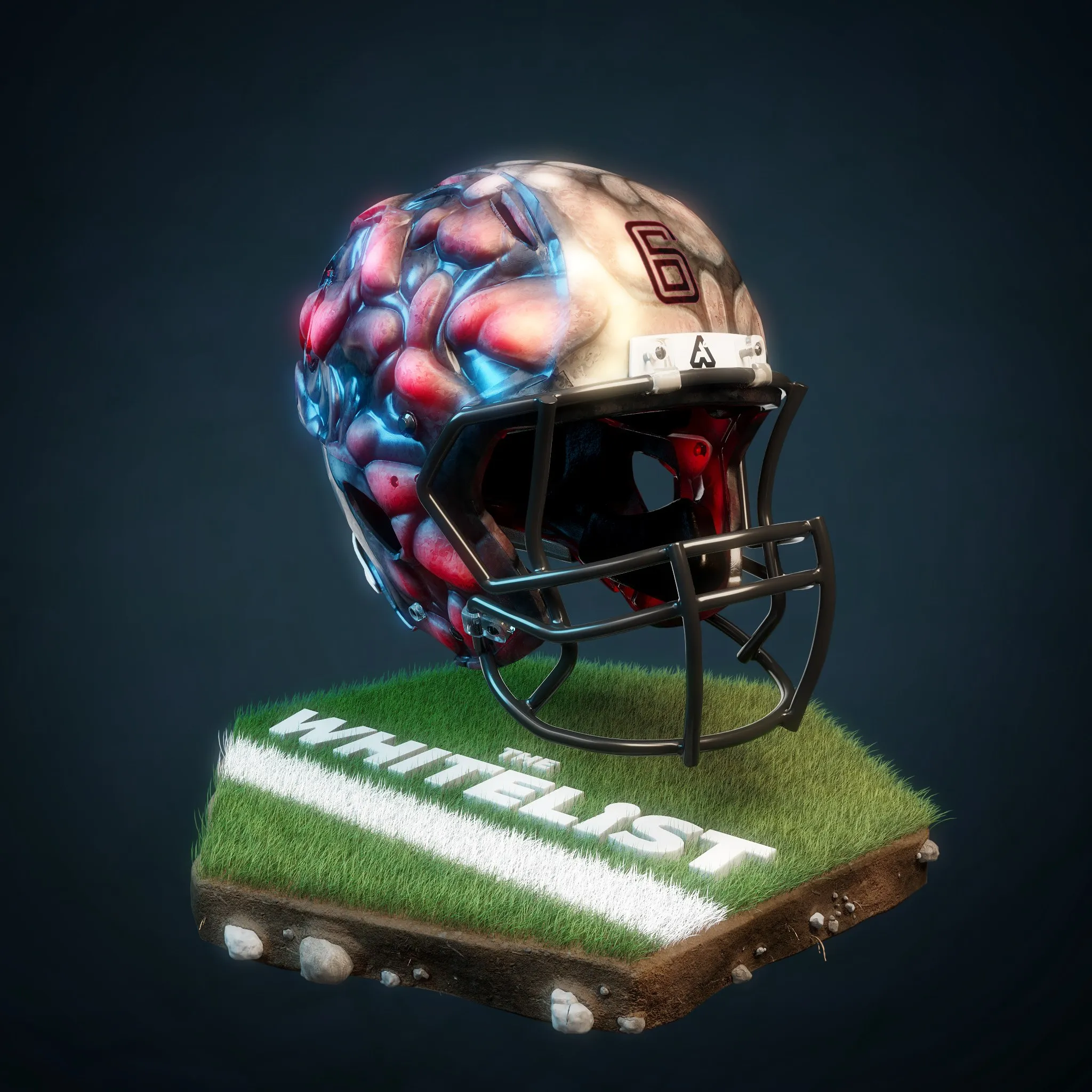 Football-Helm aus glänzendem, rot und blau schimmerndem Metall in Blasenform, auf einem Rasenstück mit dem Schriftzug Whitelist