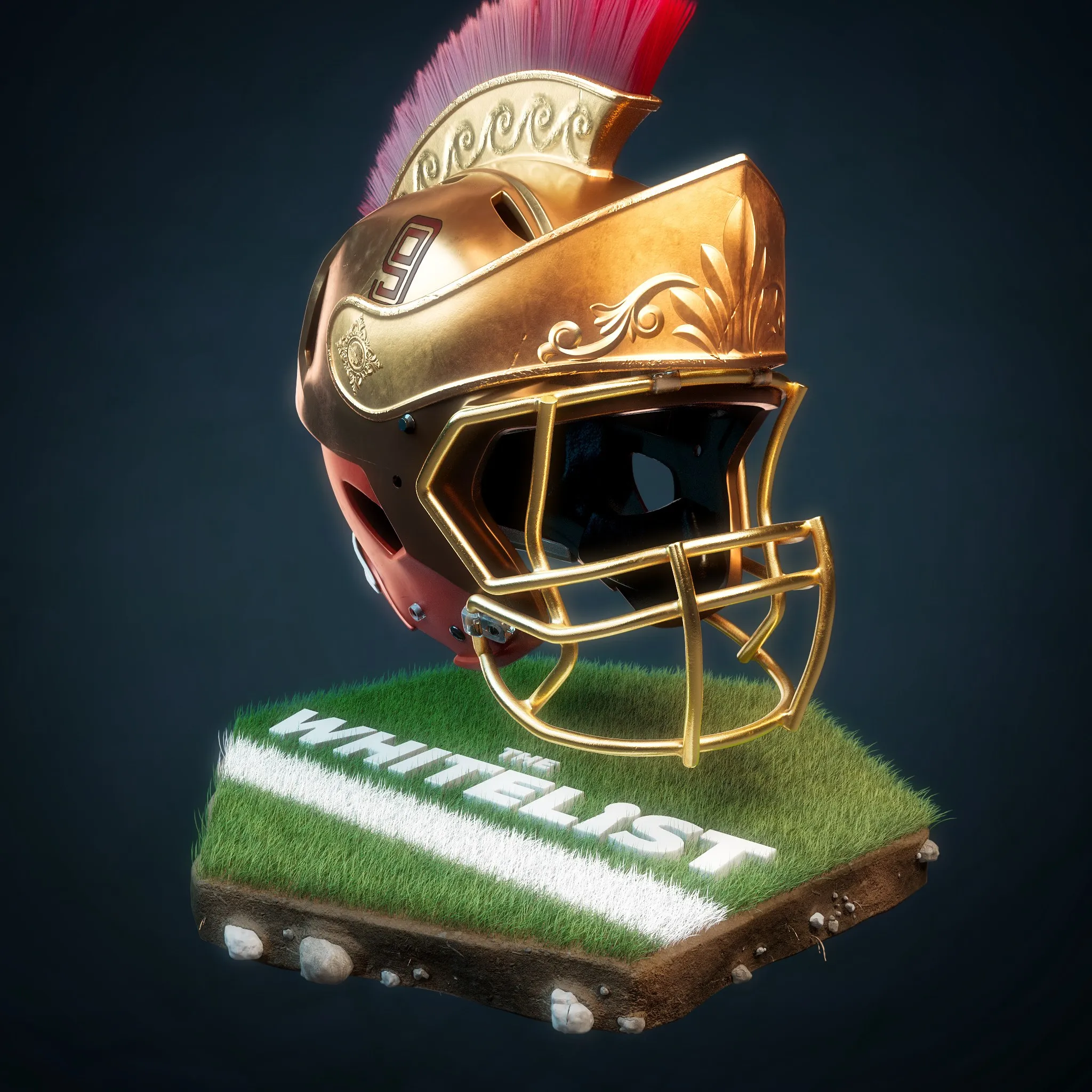 Goldener Football-Helm mit Ornamenten, der Nummer 9 und einem roten Helmbusch wie bei einem römischen Helm, auf einem Rasenstück mit dem Schriftzug THE WHITELIST