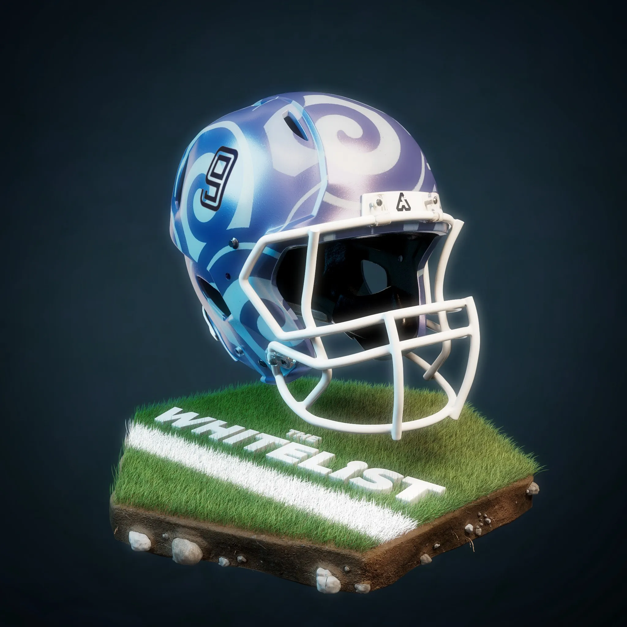Football-Helm in Blau und Weiß mit Wellenmuster und der Nummer 9, auf einem Rasenstück mit dem Schriftzug THE WHITELIST