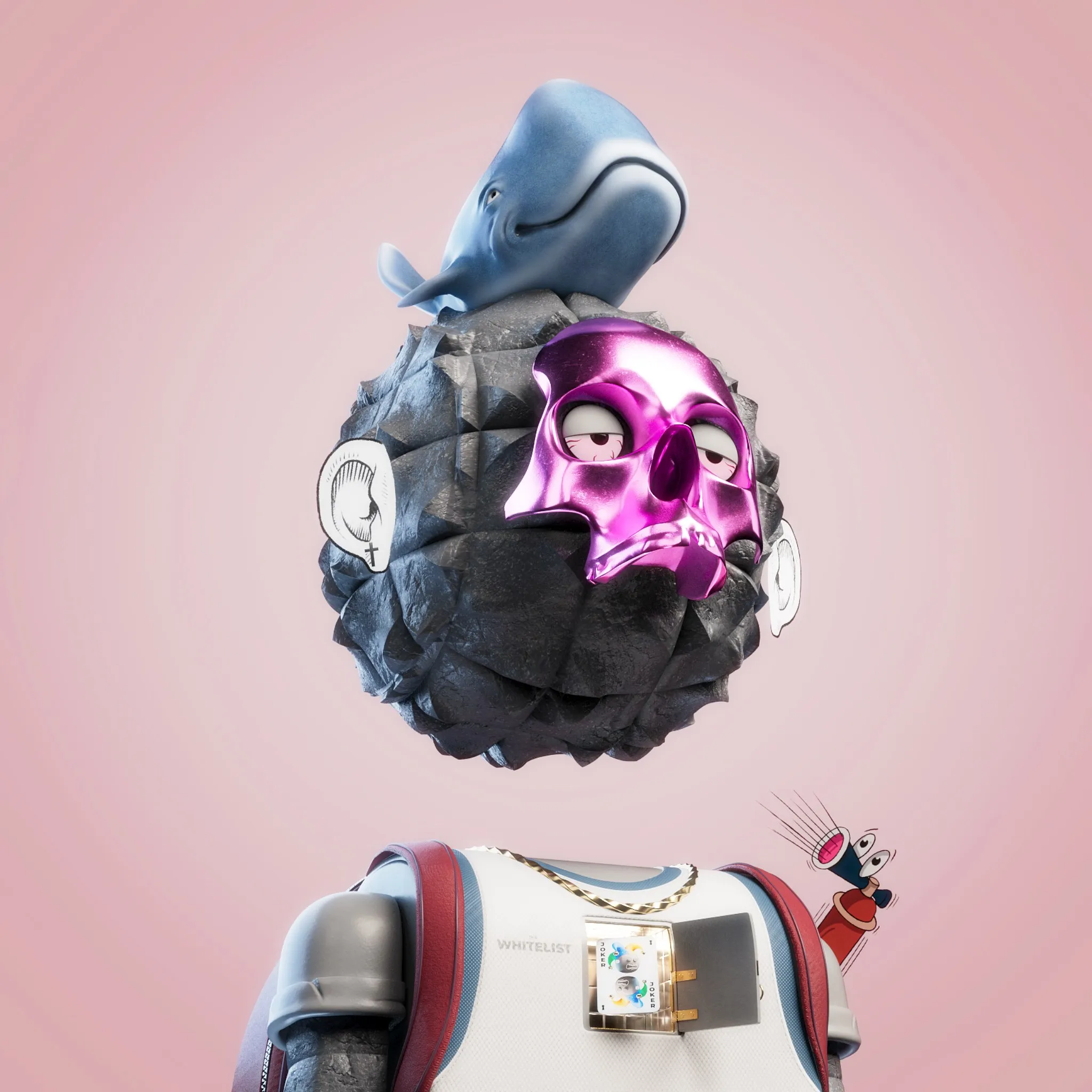 Figur mit schwarzem, facettiertem Steinkopf und hellblauem Wal obenauf, mit pinker Metallschädelmaske