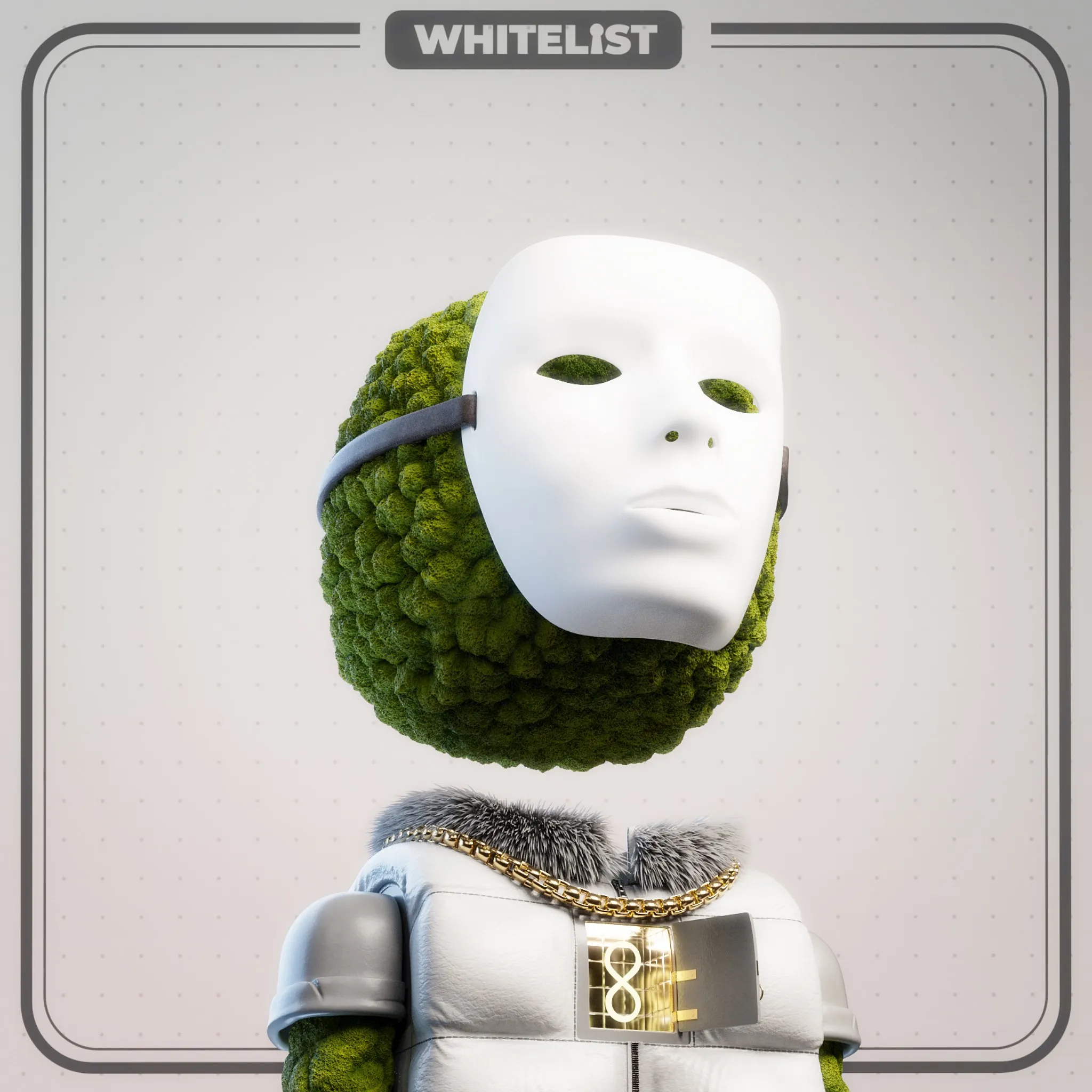 Weiße Gesichtsmaske mit grauem Riemen vor moosgrünem Kopf, in weißer Steppjacke mit Pelzkragen und goldener Kette, auf der Brust ein kleiner offener Tresor mit Unendlichkeitszeichen, im Rahmen mit dem Schriftzug WHITELIST