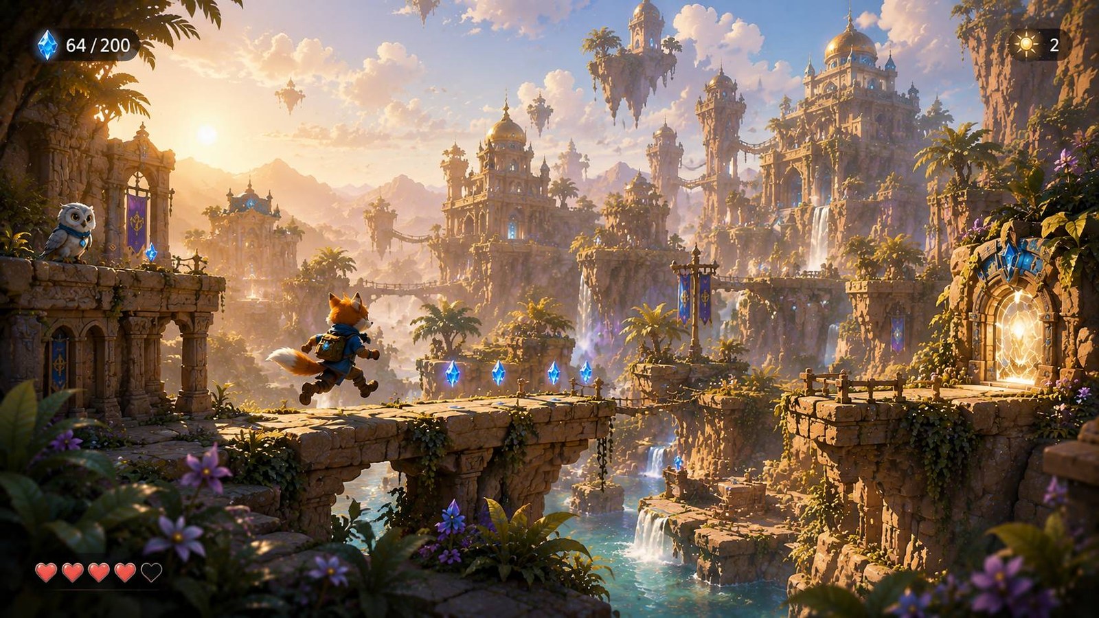 Generiertes Moodbild im Stil eines Spielbilds: ein Fuchs springt über eine steinerne Brücke, links eine weiße Eule, oben links ein Kristallzähler 64/200, oben rechts ein Sonnensymbol mit einer 2, unten vier volle und ein leeres Herz; im Hintergrund eine goldene Stadt mit Wasserfällen und schwebenden Inseln